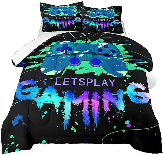Game Comforter Set Fluffy Video Gaming Bedding Sets Gamer Room Decor Twin Size Colorful Black Gamepad Soft Game Bedding Set for Boys Teen 1 Comforter and 1 Pillowcase