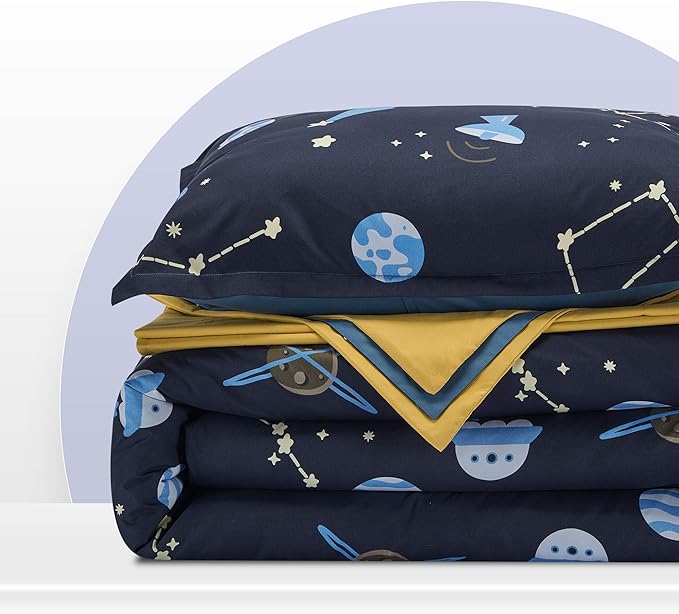 SLEEP ZONE Kids Bedding Comforter Set Full/Queen Size - Super Soft & Cute Printed 3-Piece Comforter Set All Seasons for Boys, Girls, Fade Resistant, Machine Washable, Blue Galaxy