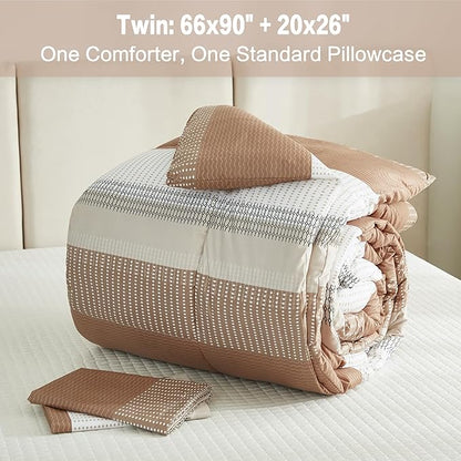 Litanika Twin/Twin XL Comforter Set Dorm Bedding Beige, 2 Pieces Twin Extra Long Comforter & Sets Taupe Khaki White Colorblock Stripe, All Season Bed Set