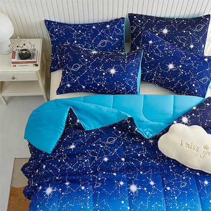 KAKKI Blue Ombre Glitter Galaxy Comforter Set Queen for Boys Girls, Sparkle Constellation Starry Sky Comforter for Kids Teen, 3pc Soft Bedding with 2 Pillow Cases for All Season