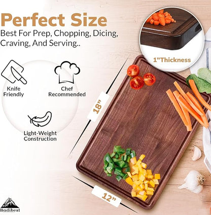 Handcrafted Walnut Wood Cutting Board 18x12, Non Toxic Kitchen Chopping Board with Juice Groove Charcuterie Serving Board, Eco & Knife Friendly Small Wooden Cutting Boards for Kitchen, Restaurant Use