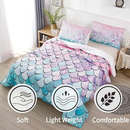 RYNGHIPY 3Pcs Colorful Mermaid Scale Print Comforter Bedding Set Full Size, Soft Microfiber Coverlet Set/Bedspread/Quilt Set with Colorful Scale Design (Mermaid,Full)