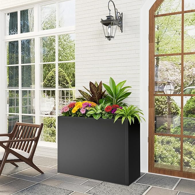 Tall Metal Planter Box for Outdoor Plants 38" L x 13" W x 30", Heavy Duty Steel Large Rectangular Planter Box with Removable Insert Shelf, Modern Décor for Tall Plants, Trees, Flowers (Black)