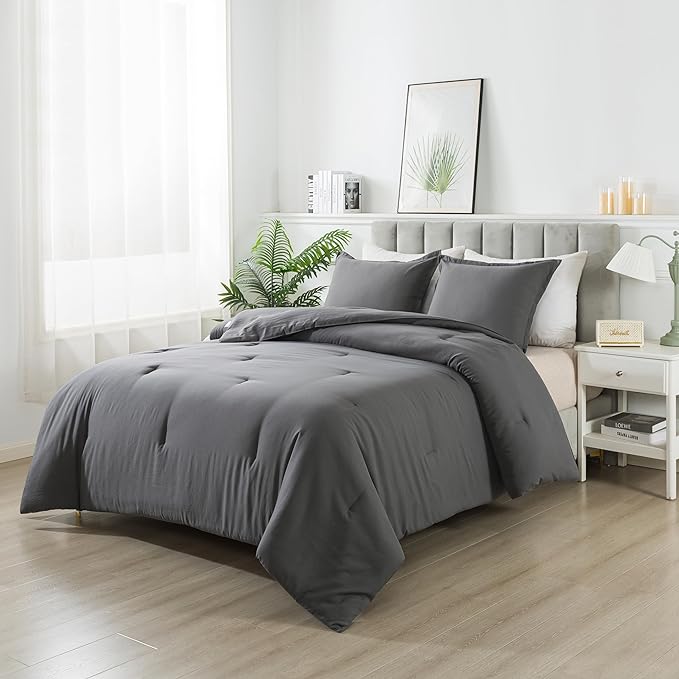 Dark Gray Comforter Set Full, Solid Grey Down Alternative Bedding Comforter Set, Breathable Fluffy Microfiber Comforter Full Size (79"x90") for All Seasons with Pillowcase