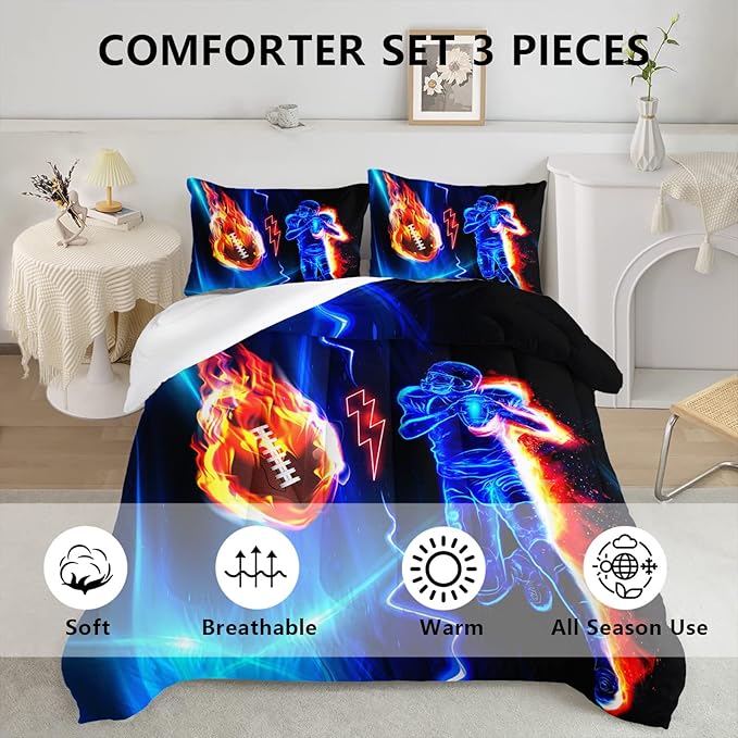 Axolotl Football Comforter Queen,Cool Blue Football Bedding Sports Theme Comforter Set For Boys,3D Rugby Sports Bedding Set Football Player On Fire For Boys Kids Teens,1 Quilt 2 Pillowcases,Black Blue