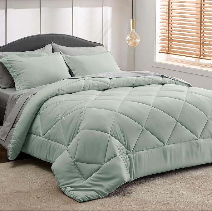 Bedsure Sage Green Full Comforter Set - 7 Pieces Reversible Bed Set Sage Green Bed in a Bag Full with Comforters, Sheets, Pillowcases & Shams, Full Bedding Sets