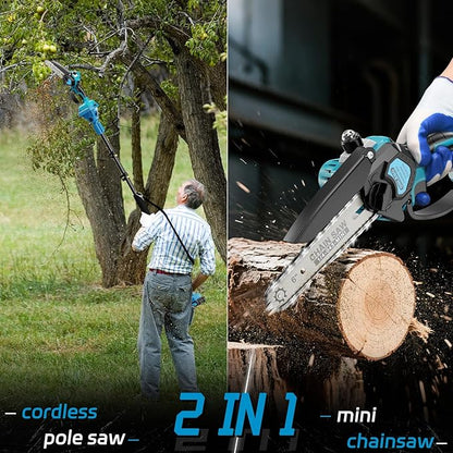 2-in-1 Cordless Pole Saw＆6 Inch Mini Chainsaw,16 FT Max Reach Pole Saw Battery Powered,Adjustable 180° Cutting Angle with 2 Battery,Pole Saws for Tree Trimming