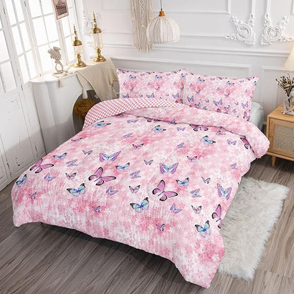 Datura home Kids Comforter Set Girls Pink Flower Butterfly Printed Pattern Quilt Bedding with 1 and 2 Pillowcases for Bedroom All Season(Pink Full) Full 80x90inches