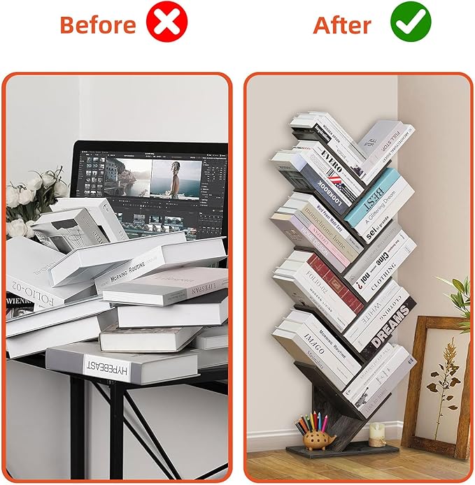 10 Tier Tree Book Shelf, Floor Standing Wood Bookshelf for Narrow Space, Storage Organizer Bookshelves for Books/CDs/Magazine, Bookcase with Shelves for Home Office, Living Room - Light Grey