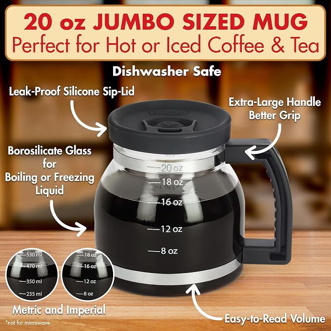 Cupa Joe Coffee Mug – 20oz Borosilicate Glass Diner Pot Mug with Spill-Proof Lid – Funny Novelty Gift for Coffee Lovers, Dads, Office, Travel & More | Borosilicate Glass, Hot & Cold Safe, Fits Most Car Cup Holders, Viral Gag Gift for Coffee Lovers, Dad...