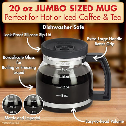 Cupa Joe Coffee Mug – 20oz Borosilicate Glass Diner Pot Mug with Spill-Proof Lid – Funny Novelty Gift for Coffee Lovers, Dads, Office, Travel & More | Borosilicate Glass, Hot & Cold Safe, Fits Most Car Cup Holders, Viral Gag Gift for Coffee Lovers, Dad...