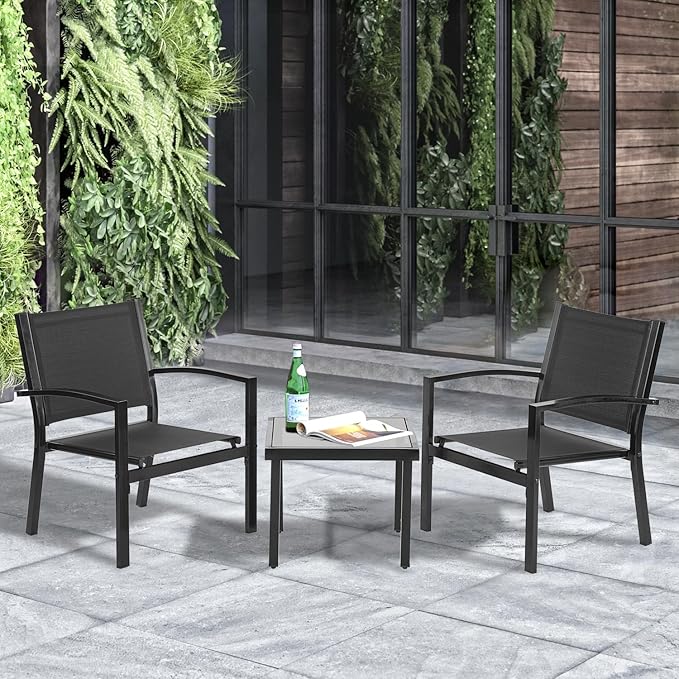 FDW 3 Pieces Patio Furniture Set, Outdoor Garden Patio Conversation Sets with Glass Top Table & 2 Lawn Chairs Outdoor Bistro Set, for Backyard Lawn Porch Garden Poolside Balcony