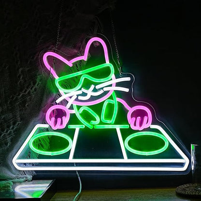 Cat DJ Player Neon Sign Dimmable DJ Player Led Neon Light for Wall Decor USB Powered Cool Neon Light Sign for Bar Party Man Cave Bedroom Art Wall Decoration