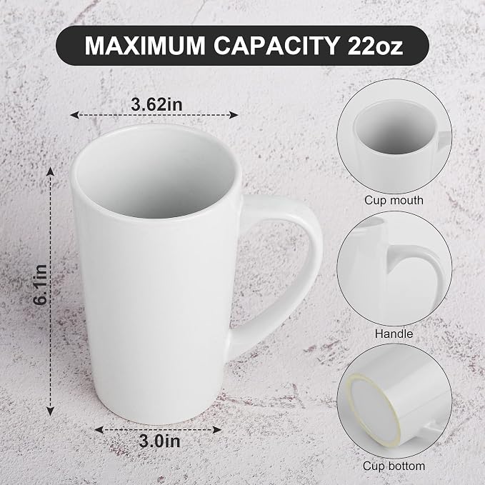 BYCNZB 22oz white Super Large tall Ceramic Coffee Mugs Large Handles Set of 4
