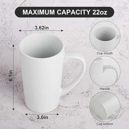 BYCNZB 22oz white Super Large tall Ceramic Coffee Mugs Large Handles Set of 4