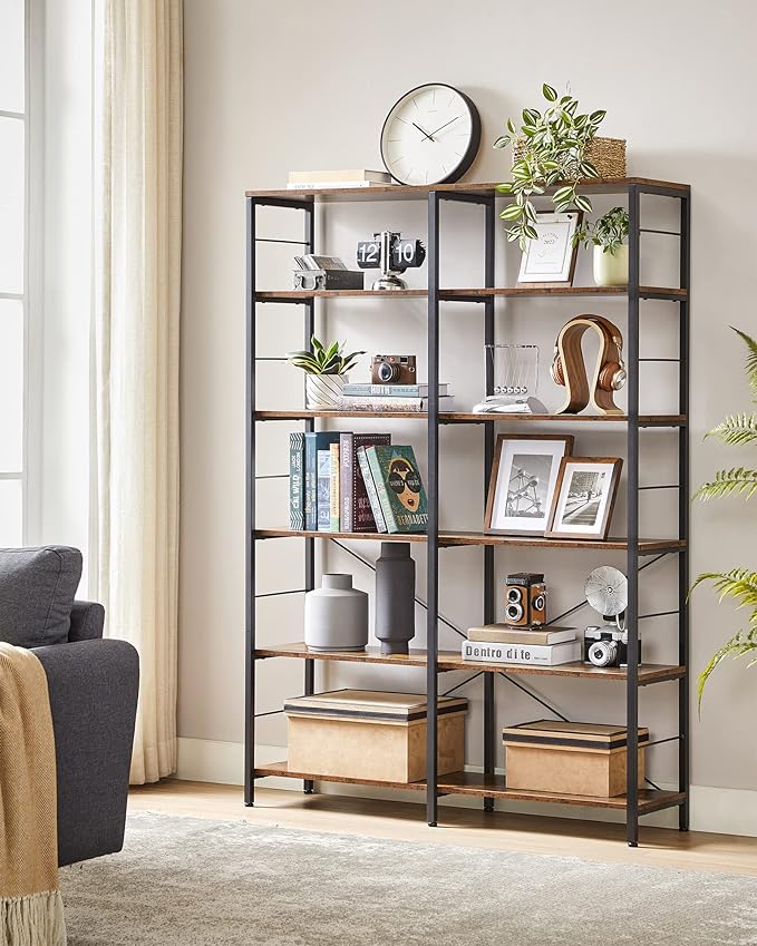 VASAGLE 6-Tier Tall Bookshelf, Bookcase, Large Metal Shelf, 11.8 x 47.2 x 67.9 Inches, for Living Room, Kitchen, Pantry, Study, Home Office, Rustic Brown and Black ULLS114B01