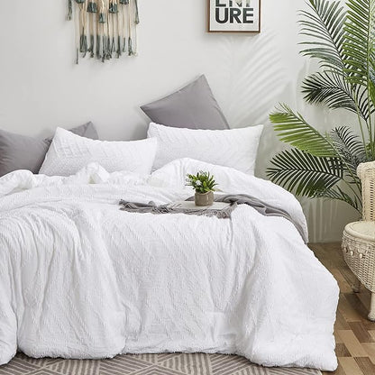Wellboo White Jacquard Comforter Sets California King Boho White Tufted Bedding Comforter Sets Cal King Women Men Embroidery Shabby Chic Comforters Broken Line Quilts Wave Geometry Farmhouse Blanket