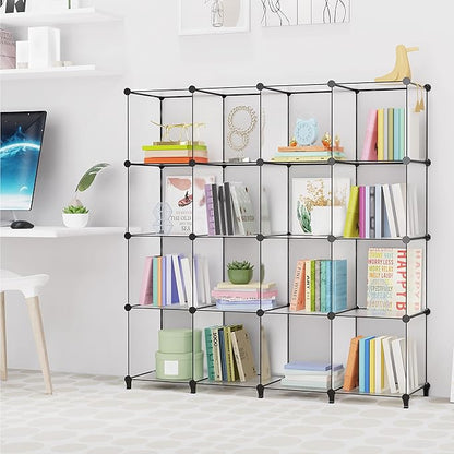 HOMIDEC Book Shelf 16 Cubes Bookcase Bookshelf Cube Storage Organizer Portable Display Bookshelf Kids Bookshelf Book Case for Study Room,Bedroom,Office,Living Room,Closet Transparent