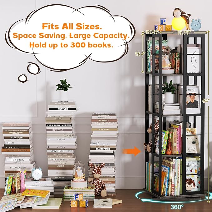 Aheaplus Rotating Bookshelf, Corner Bookshelf, 360 Display Wood Spinning Bookshelf, Floor Standing Bookcase Narrow Shelf Revolving Organizer Storage Rack for Small Space, Bedroom, Study Room, Grey Oak