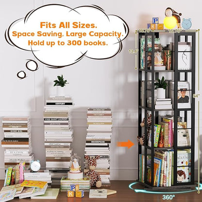 Aheaplus Rotating Bookshelf, Corner Bookshelf, 360 Display Wood Spinning Bookshelf, Floor Standing Bookcase Narrow Shelf Revolving Organizer Storage Rack for Small Space, Bedroom, Study Room, Grey Oak
