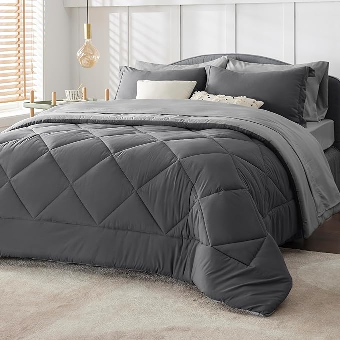 Bedsure Dark Grey King Size Comforter Set - 7 Pieces Reversible King Bed in a Bag, King Bed Set Dark Grey with Comforters, Sheets, Pillowcases & Shams