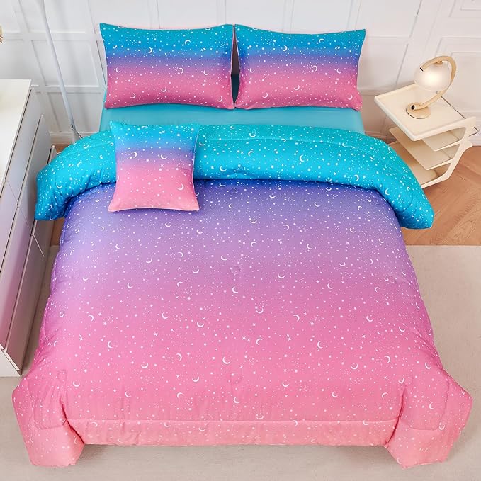 URBONUR Rainbow Comforter Set Queen Size for Teen Girls & Boys Women, Multicolor Moon Printed Bedding Set, 6 Pieces Bed in a Bag, Soft All Season (Rainbow, Queen)