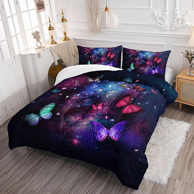 Datura home Butterfly Comforter Set for Girls Women,Colorful Butterflies in Space Galaxy Printed Black Bedding Set with 2 Pillowcases(Butterfly Galaxy Full)