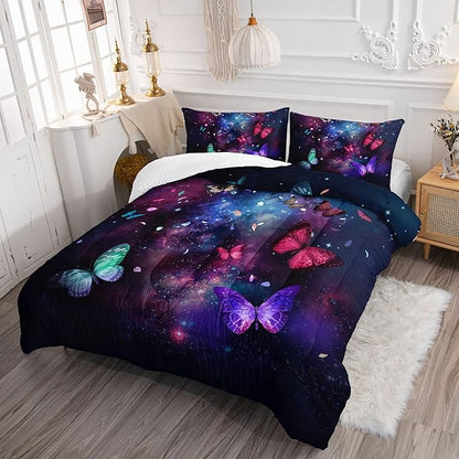 Datura home Butterfly Comforter Set for Girls Women,Colorful Butterflies in Space Galaxy Printed Black Bedding Set with 2 Pillowcases(Butterfly Galaxy Full)