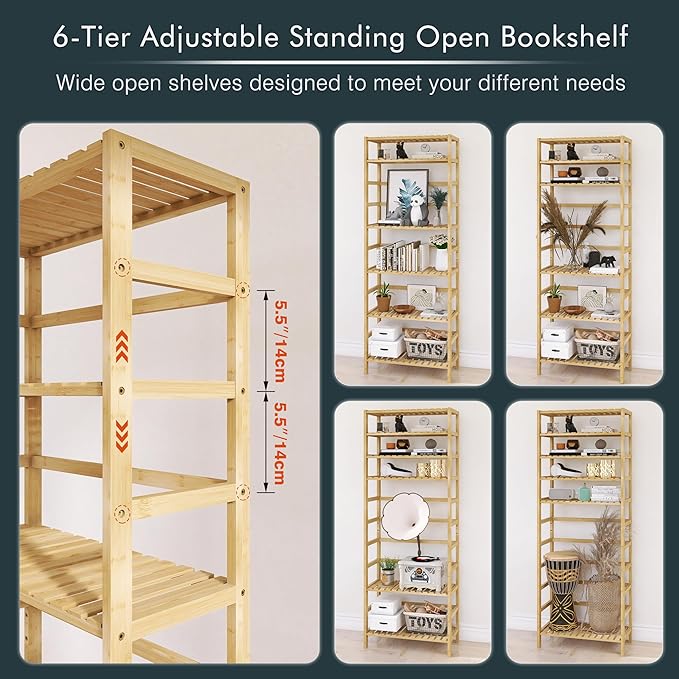 Bamboo Shelf, 6-Tier Adjustable Tall Open Bookcase, Bathroom Storage Rack Freestanding Shelving Unit, Plant Display Stand for Small Space, Natural