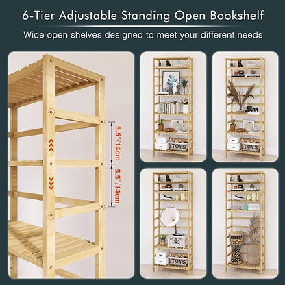Bamboo Shelf, 6-Tier Adjustable Tall Open Bookcase, Bathroom Storage Rack Freestanding Shelving Unit, Plant Display Stand for Small Space, Natural