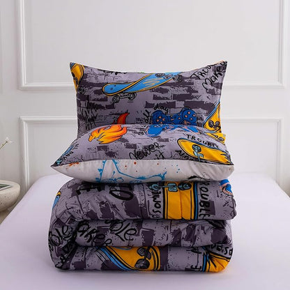 Btargot Gaming Stone Pattern Comforter Set for Boys Girls Kids, 3 Pieces Reversible Skateboard Game Console Flame Painting Bedding Set, Grey Twin