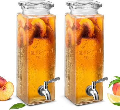 Kook Glass Drink Dispenser, with Leak-Proof Stainless Steel Spigot, Clear Rectangular Mason Jar, Beverage Storage for Fridge, for Water, Iced Tea, Sangria, Lemonade, 80 oz (2)