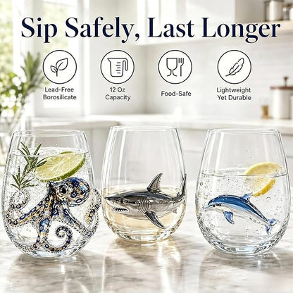 Novelty 3D Sculpted Ocean Life Stemless Wine Glasses, 12oz Embossed Sea Animal Glassware for Beverages, Premium Borosilicate Glass Beach Gifts (Seahorse)