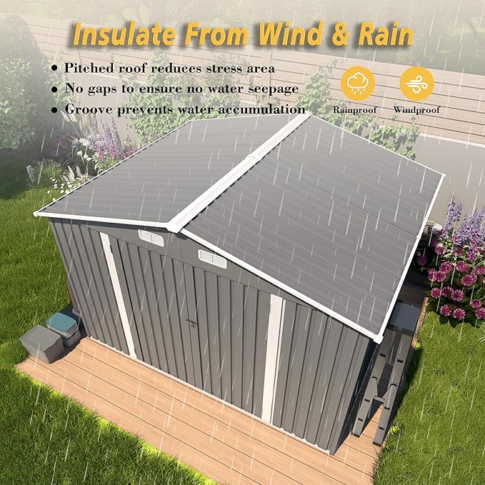 10x8x6.4FT Outdoor Storage Shed, Galvanized Steel Garden Shed with Lockable Door & Window, Waterproof Metal Tool Storage for Garden, Backyard, Patio, Lawn(Grey)