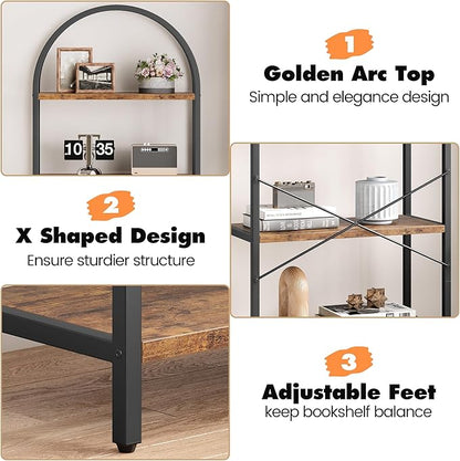 IDEALHOUSE Bookshelf 5 Tier Bookcase Arched Display Racks Tall Standing Bookshelves Metal Frame Rustic Storage Rack Shelf Brown Book Shelf for Bedroom, Living Room, Home Office, Rustic Brown