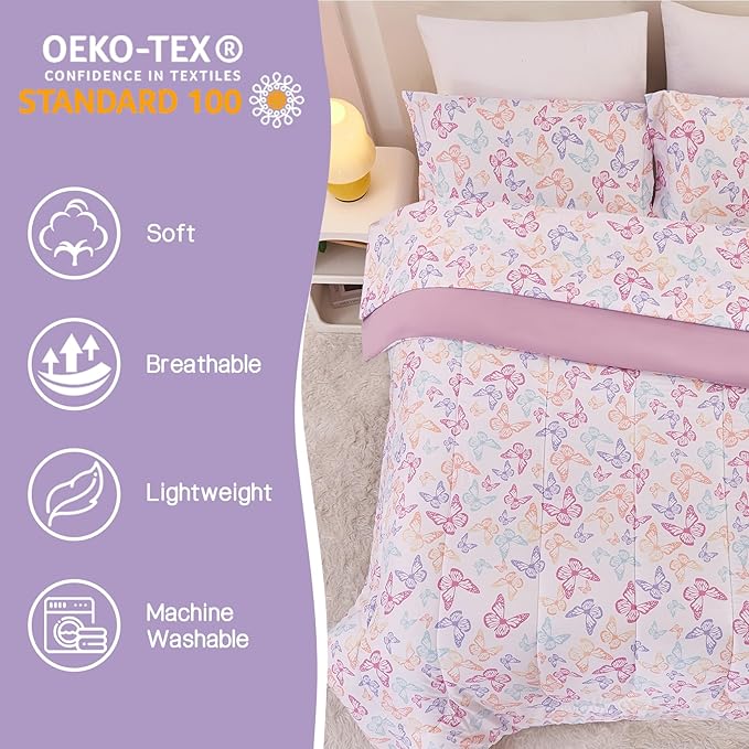 Butterfly Kids Comforter Set for Girls Twin, Cute Reversible Quilted Lavender Printed Bedding Set with Pillow Sham, Lightweight Soft Breathable Machine Washable Bed Set 2 Piece