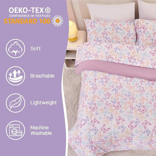 Butterfly Kids Comforter Set for Girls Twin, Cute Reversible Quilted Lavender Printed Bedding Set with Pillow Sham, Lightweight Soft Breathable Machine Washable Bed Set 2 Piece