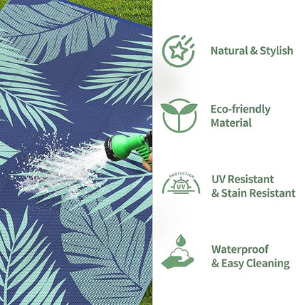GENIMO Outdoor Rug 8' x 10' Waterproof for Patios Clearance, Reversible Outdoor Plastic Straw Camping Rug Carpet, Large Area Rugs Mats for RV, Camper, Deck, Balcony, Porch, Beach Royal Blue&Blue Green