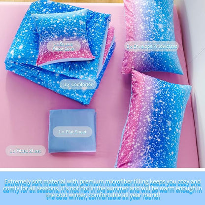 RYNGHIPY 6Pcs Sparkle Gradient Glitter Comforter Sets, Ombre Indigo Pink Gradient Bedding Set for Boys Girls, Rainbow Bed in A Bag Queen Size