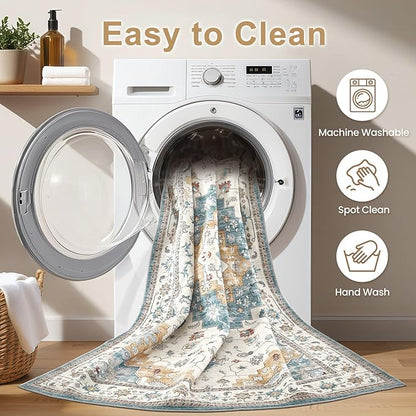 Washable Area Rugs for Living Room - 5x7 Neutral Vintage Distressed Floral Farmhouse Boho Large Soft Floor Rug Indoor Non Slip Carpet for Living Room Bedroom Dining Room Office - Blue/Yellow/Beige