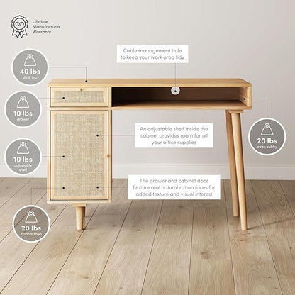 Nathan James Jacklyn Modern Home Office Writing Desk and Mina Rattan Wood End Side Accent Table Nightstand, Natural Brown and Oak/Black