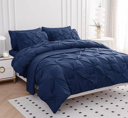 LANE LINEN California King Comforter Set, 7 Piece Cal King Bed in a Bag, Pintuck Cal King Bedding Set, Soft Cali King Bed Set, Cal King Bed Comforter Sets with Sheets, Pillowcases & Shams - Navy Blue