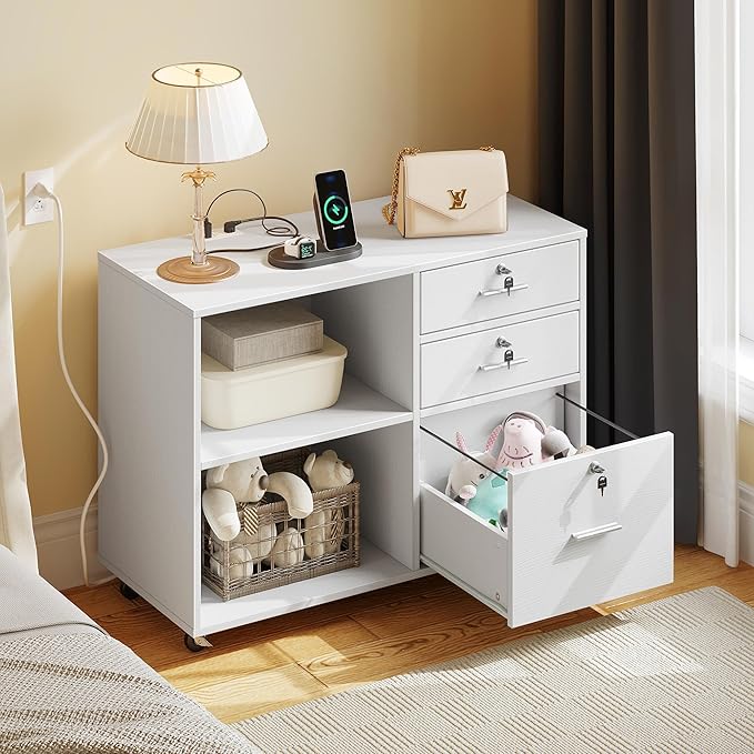 DWVO 3 Drawer File Cabinet with Charging Station, Mobile Filing Cabinet with Lock, White