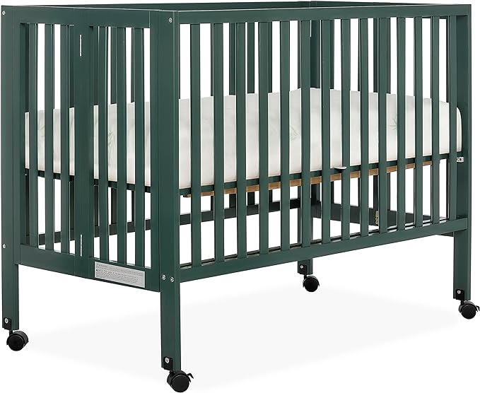 Quinn Full-Size Folding Crib in Olive, Removeable Wheels, Modern Nursey, Adjustable Mattress Support, Portable Crib, Patented Folding System