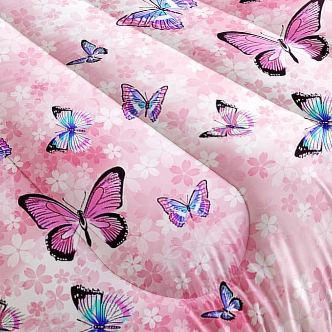 Datura home Kids Comforter Set Girls Pink Flower Butterfly Printed Pattern Quilt Bedding with 1 and 2 Pillowcases for Bedroom All Season(Pink Queen) Queen 90x90inches