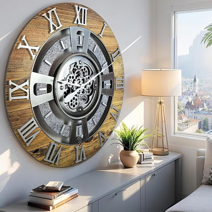 The Gears Clock Real Moving Gear Wall Clock England Line (Wood & Stone, 36 inches (90 cm))