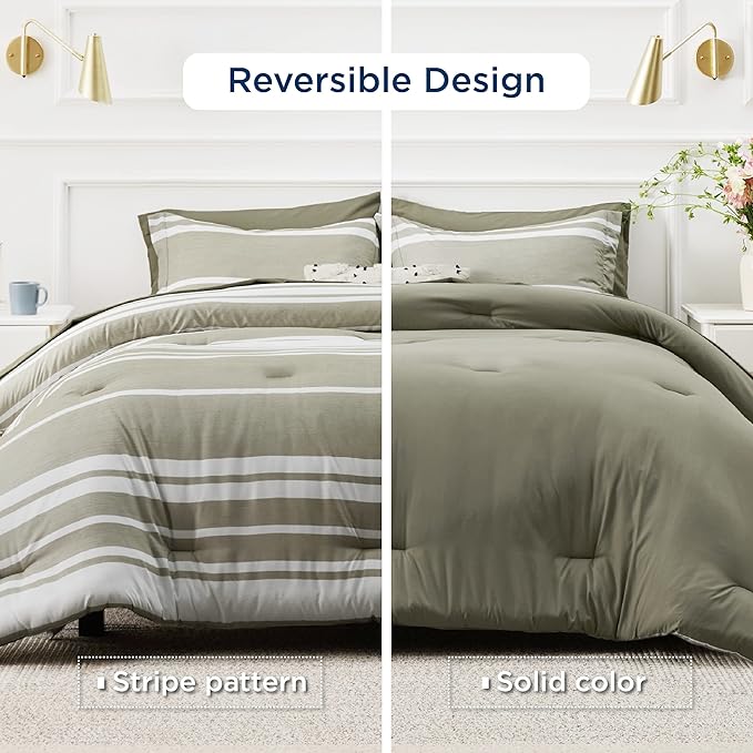 Bedsure Bed in a Bag Queen 7 Pieces, Olive Green White Striped Bedding Comforter Sets All Season Bed Set, 2 Pillow Shams, Flat Sheet, Fitted Sheet and 2 Pillowcases