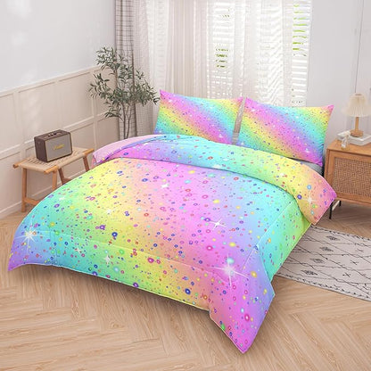 Full Size Comforter Set for Girls, Rainbow Comforter Set Full, 5 pcs Bed in A Bag, Girls Bedding Set Full, Kids Princess Girls Comforter Set, Pink Full Comforter Set with Fitted and Flat Sheet