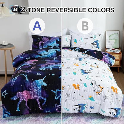 Meeting Story Dinosaur Comforter Set, Fluorescence Gradation Unicorn Twin Comforter Set, 3 PCS 1 Comforter and 2 Pillowcases in One Bag, All Season Bedspread for Kids Teens Adults（Full）