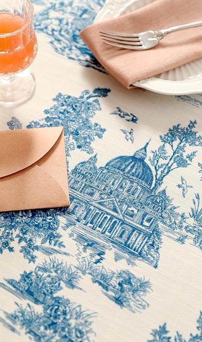 patdrea Designer Vintage Cyan Tablecloth for Rectangle Table,Linen Ancient Castle and Manor Pattern Tablecloths,Table Cover Decor for Kitchen Dining Christmas,Thanksgiving,55"x87"-Lucerne a